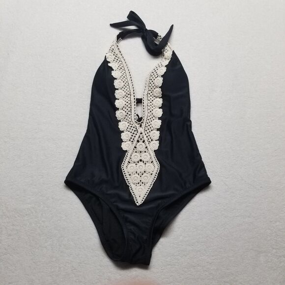 Kona Sol S Swimsuit Crochet Lace Trim Plunge Black Cottagecore Beach Cruise NEW - Picture 1 of 12